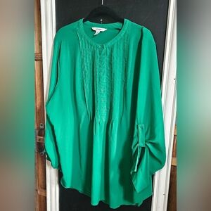 Long Sleeve Green Blouse- Pleated Front with Roll-tab